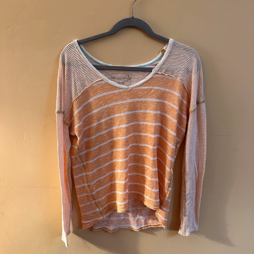 Free People Orange and White Striped Long Sleeve Top